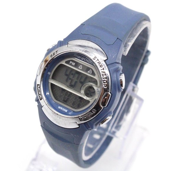 Vintage Marathon Digital Watch Womens Silver Tone Stainless Steel Rubber Band - Picture 1 of 8